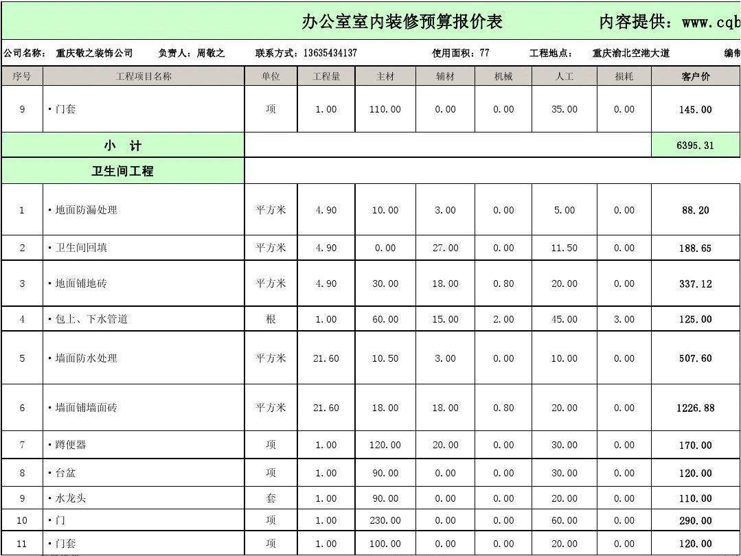 上海办公室装修预算报价表(图1)